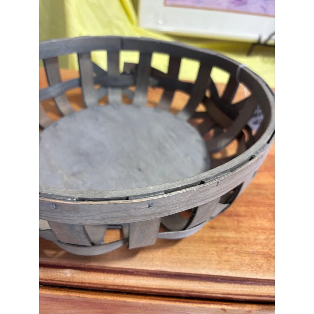 Rustic Gray Round Wooden Tobacco Basket Farmhouse Centerpiece Bowl 11in